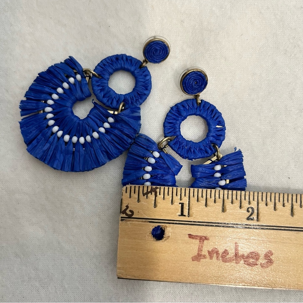 J.Crew Raffia Fan Earring Cobalt Blue White Beads - Picture 3 of 6